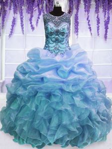 Scoop Blue Ball Gowns Beading and Pick Ups Quinceanera Dresses Lace Up Organza Sleeveless Floor Length