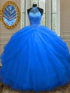 Attractive Halter Top Sleeveless Tulle Floor Length Lace Up Quinceanera Dress in Royal Blue for with Beading