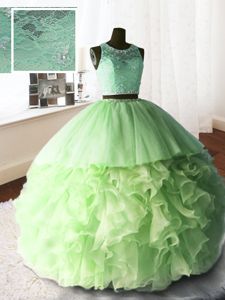 Wonderful Scoop With Train Zipper Vestidos de Quinceanera for Military Ball and Sweet 16 and Quinceanera with Beading and Lace and Ruffles Brush Train