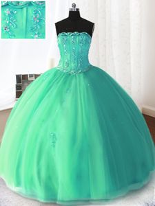 High End Floor Length Ball Gowns Sleeveless Turquoise Quinceanera Dress Lace Up