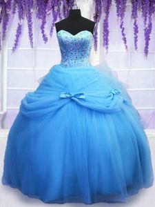 Sleeveless Tulle Floor Length Lace Up Quinceanera Dresses in Blue for with Beading and Bowknot