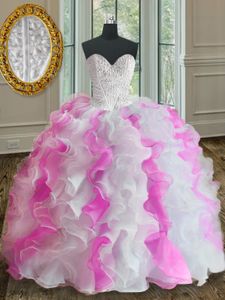 Graceful Floor Length Lace Up 15 Quinceanera Dress White and Pink and In for Military Ball and Sweet 16 and Quinceanera with Beading and Ruffles