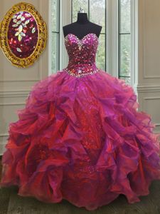 Elegant Sleeveless Organza and Sequined Floor Length Lace Up 15 Quinceanera Dress in Multi-color for with Beading and Ruffles