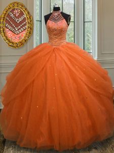 Halter Top Floor Length Orange Red Sweet 16 Dresses Tulle Sleeveless Beading