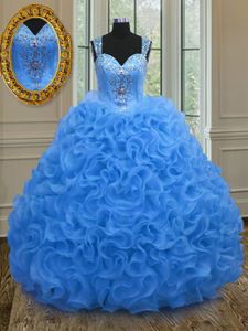 Fine Straps Sleeveless Zipper 15 Quinceanera Dress Blue Organza