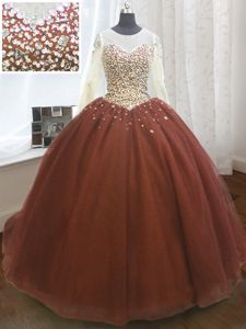 Scoop Burgundy Ball Gown Prom Dress Organza Sweep Train Long Sleeves Beading and Sequins