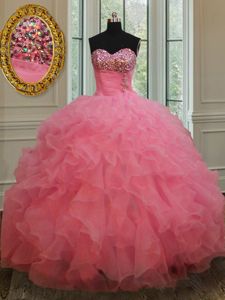 Low Price Rose Pink Sleeveless Beading and Ruffles Floor Length Dama Dress