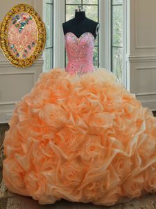 Dynamic Sleeveless Floor Length Beading Lace Up Quinceanera Gowns with Orange