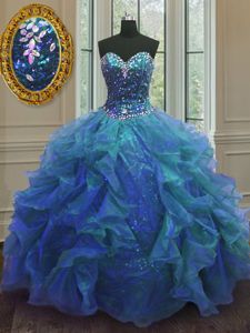 Blue Organza and Sequined Lace Up Sweetheart Sleeveless Floor Length Ball Gown Prom Dress Beading and Ruffles