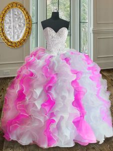 High End Floor Length Lace Up Quinceanera Gown Pink And White and In for Military Ball and Sweet 16 and Quinceanera with Beading and Ruffles