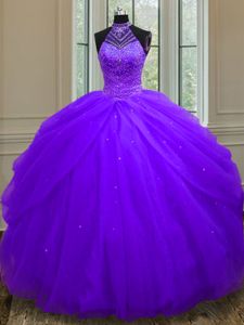 Halter Top Purple Lace Up Quinceanera Gowns Beading and Sequins Sleeveless Floor Length