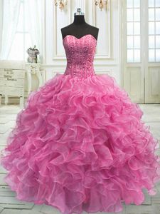 Floor Length Rose Pink Quinceanera Dress Sweetheart Sleeveless Lace Up