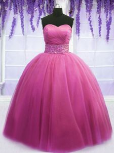 Glorious Rose Pink Lace Up Quinceanera Dress Beading and Belt Sleeveless Floor Length