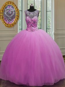 Dramatic Lilac Ball Gowns Tulle Scoop Sleeveless Beading Floor Length Lace Up Quinceanera Gown