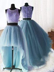 Customized Three Piece Baby Blue Scoop Neckline Beading and Lace and Ruffles Quinceanera Dresses Sleeveless Zipper