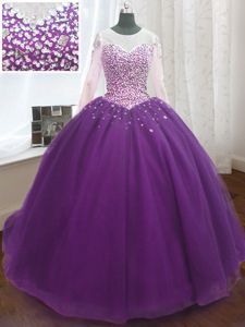 Scoop Sequins Purple Long Sleeves Organza Sweep Train Lace Up Sweet 16 Dresses for Military Ball and Sweet 16 and Quinceanera