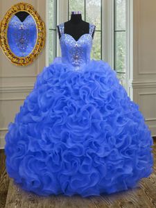 Straps Straps Sleeveless Floor Length Beading and Ruffles Zipper Sweet 16 Dress with Royal Blue