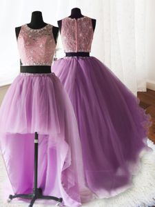 Simple Three Piece Scoop With Train Lilac Sweet 16 Quinceanera Dress Organza and Tulle and Lace Brush Train Sleeveless Beading and Lace and Ruffles