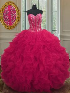 Beading and Ruffles Quince Ball Gowns Coral Red Lace Up Sleeveless Floor Length