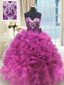 Floor Length Fuchsia Sweet 16 Dresses Sweetheart Sleeveless Lace Up