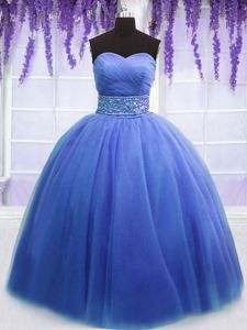 Blue Lace Up Sweet 16 Dress Beading and Belt Sleeveless Floor Length