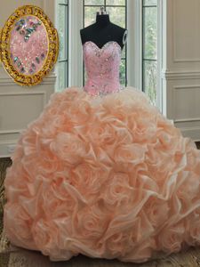 Chic Sleeveless Beading and Pick Ups Lace Up Quinceanera Gowns with Peach Sweep Train