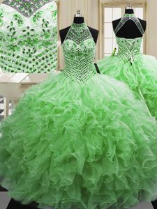 Halter Top Sleeveless Floor Length Beading and Ruffles Lace Up Sweet 16 Quinceanera Dress