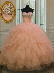 Deluxe Sweetheart Sleeveless Organza Sweet 16 Quinceanera Dress Beading and Ruffles Lace Up