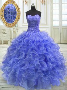 Eye-catching Blue Sleeveless Beading and Ruffles Floor Length Ball Gown Prom Dress