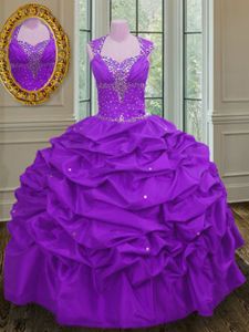 Elegant Pick Ups Ball Gowns Sweet 16 Quinceanera Dress Purple Straps Taffeta Sleeveless Floor Length Lace Up