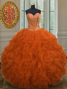 Fine Orange Red Quince Ball Gowns Military Ball and Sweet 16 and Quinceanera and For with Beading and Ruffles Sweetheart Sleeveless Lace Up