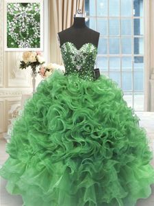 Organza Sweetheart Sleeveless Lace Up Beading and Ruffles 15th Birthday Dress in Yellow Green