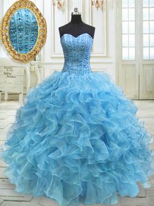 Sweetheart Sleeveless Sweet 16 Dress Floor Length Beading and Ruffles Baby Blue Organza