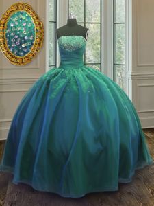 Teal Lace Up Quinceanera Gowns Sequins Sleeveless Floor Length