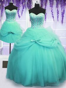 Three Piece Sweetheart Sleeveless 15th Birthday Dress Floor Length Beading and Bowknot Aqua Blue Tulle