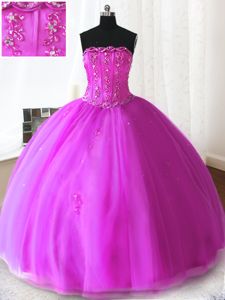 Fitting Fuchsia Sleeveless Tulle Lace Up Sweet 16 Dresses for Military Ball and Sweet 16 and Quinceanera