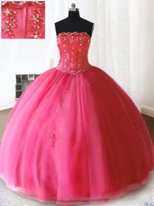 High Class Hot Pink Ball Gowns Beading and Appliques Sweet 16 Dresses Lace Up Tulle Sleeveless Floor Length