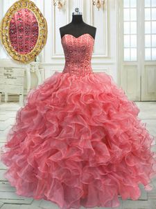 Watermelon Red Sleeveless Floor Length Beading and Ruffles Lace Up Quinceanera Dress