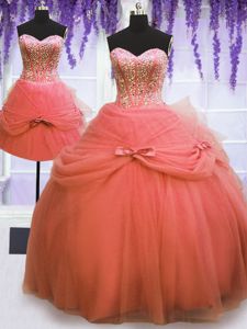 Exquisite Three Piece Floor Length Lace Up Sweet 16 Dresses Watermelon Red and In for Military Ball and Sweet 16 and Quinceanera with Beading and Bowknot