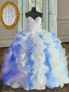 Sumptuous Ball Gowns Sweet 16 Dresses White and Blue Sweetheart Organza Sleeveless Floor Length Lace Up