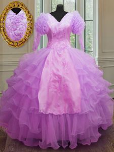 Lilac V-neck Neckline Ruffled Layers Quinceanera Gowns Long Sleeves Zipper