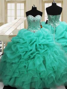 Fantastic Apple Green Lace Up Sweetheart Beading and Pick Ups 15 Quinceanera Dress Organza Sleeveless