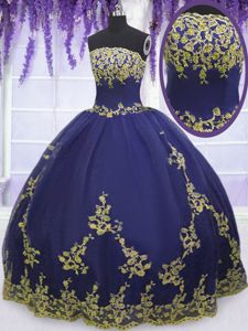 Dramatic Navy Blue Sleeveless Floor Length Appliques Zipper Sweet 16 Dress