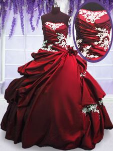 Best Wine Red Taffeta Lace Up Ball Gown Prom Dress Sleeveless Floor Length Appliques and Pick Ups