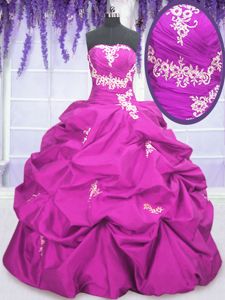 Fuchsia Sleeveless Floor Length Appliques and Pick Ups Lace Up 15th Birthday Dress