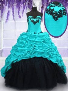 Fine Aqua Blue Ball Gowns Taffeta Sweetheart Sleeveless Appliques and Pick Ups With Train Lace Up Damas Dress Sweep Train