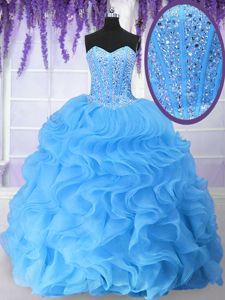 Modern Sweetheart Sleeveless Organza Quince Ball Gowns Beading and Ruffles Lace Up