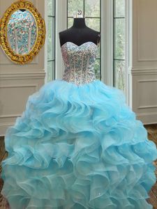 Unique Organza Sweetheart Sleeveless Lace Up Beading and Ruffles Sweet 16 Dresses in Baby Blue