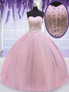 Nice Floor Length Lace Up 15th Birthday Dress Baby Pink and In for Military Ball and Sweet 16 and Quinceanera with Beading