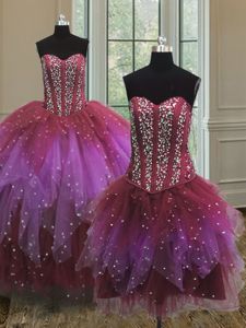 Affordable Three Piece Multi-color Ball Gowns Sweetheart Sleeveless Tulle Floor Length Lace Up Beading Vestidos de Quinceanera